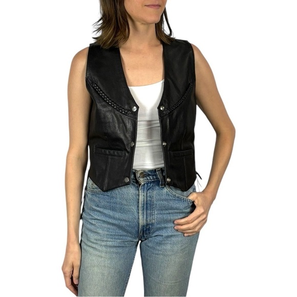 VINTAGE BLACK LEATHER VINTAGE CONCHO LACE UP SIDE BRAID WESTERN SNAP VEST HUDSON - Picture 2 of 14